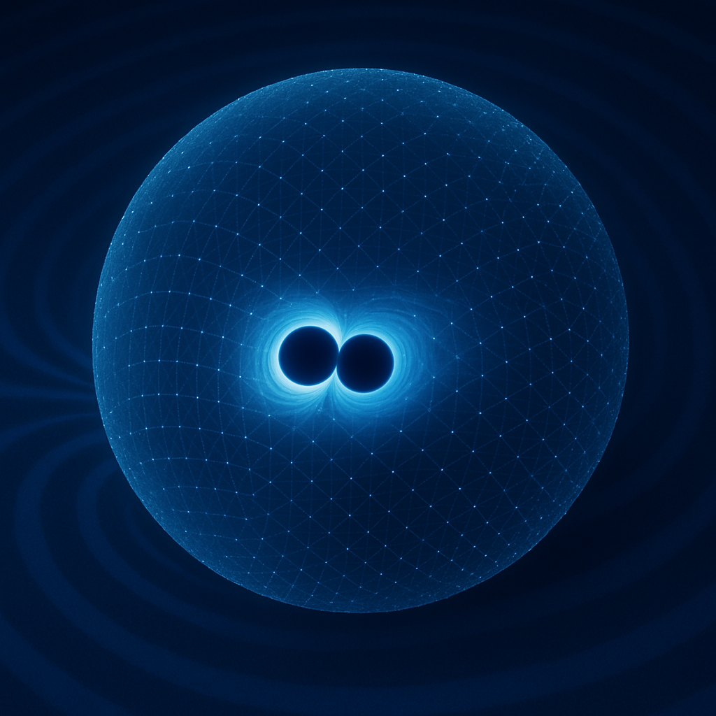 An AI generated visualization of a sphere of particles enclosing a black-hole binary emitting gravitational waves.